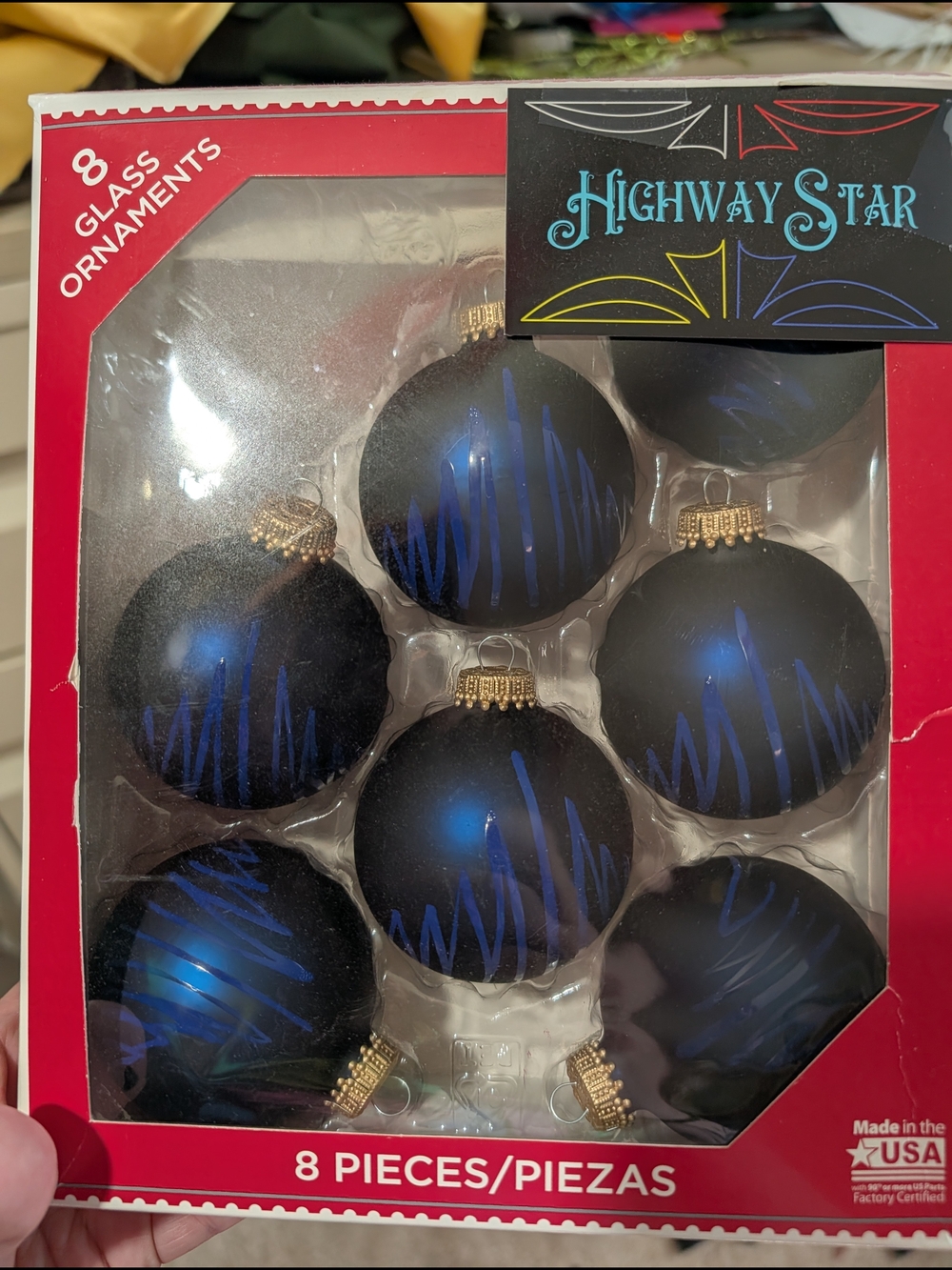 Pinstriped Matte Blue Glass Holiday Ornaments - Set of 7